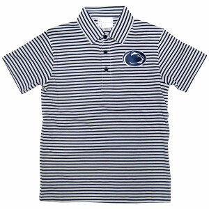 white youth golf polo with navy stripes and stitched Penn State Athletic Logo